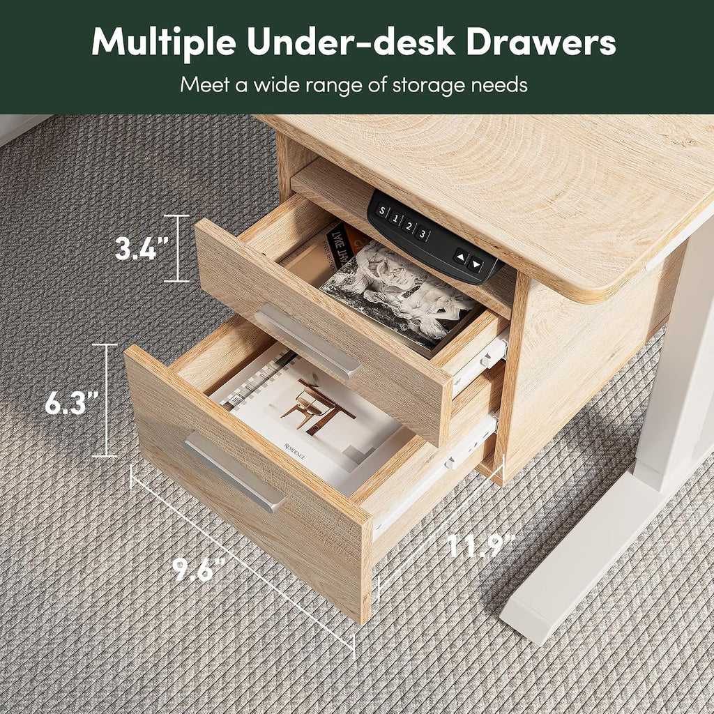 FEZIBO Standing Desk with Wood Drawers, 48' x 24' Electric Height Adjustable Table with Monitor Shelf, 3 Drawers and Open Storage, Computer Home Office Sit and Stand up Workstation, Maple