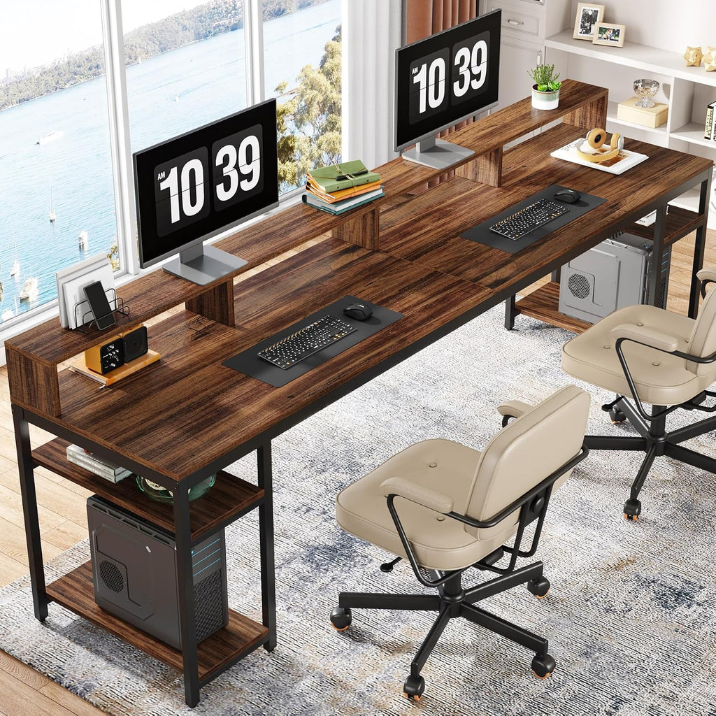 Tribesigns Two Person Desk with Monitor Stand, 78.74' Long Double Computer Office Desk with Storage Shelves, Large Gaming Study Writing Table Workstation for Home Office (Rustic Brown)