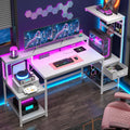 DurayLoly 55' Computer Desk with LED Lights & Outlets,Office Desk with Drawers & Monitor Stand,Gaming Desk with 3 Storage Shelves, Hooks& Printer Space for Game&Study Room,Home Office,Bedroom,White