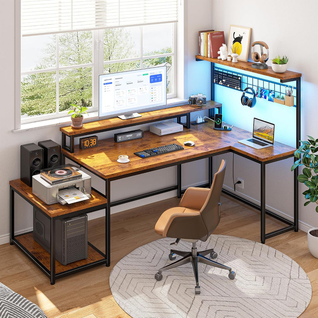 Gaming Desk with Shelves & Hooks, 63.5'L Shaped Computer Desk with LED Lights & Power Outlets & Monitor Stand and Printer Space for Home Office, Writing Desk of Bedroom, Living Room, Rustic Brown
