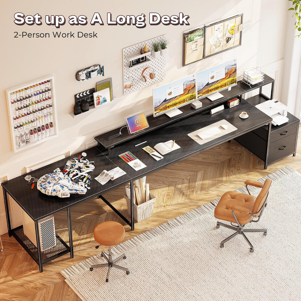 PRAISUN 66' L Shaped Gaming Desk with LED Lights & Power Outlets, Computer Desk with Fabric Drawers and Print Stand, Corner Office Desk, Monitor Stand, Mesh CPU Stand, Carbon Fiber Black