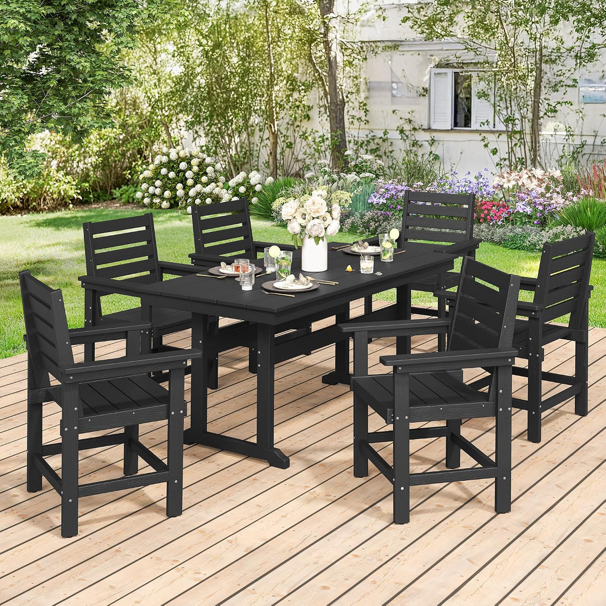 7 Piece Outdoor Dining Set, HDPS Patio Table and Chairs Set, 66' Patio Table with 1.96' Umbrella Hole & 6 Chairs, All Weather Furniture for Garden, Backyard, Poolside (Black)