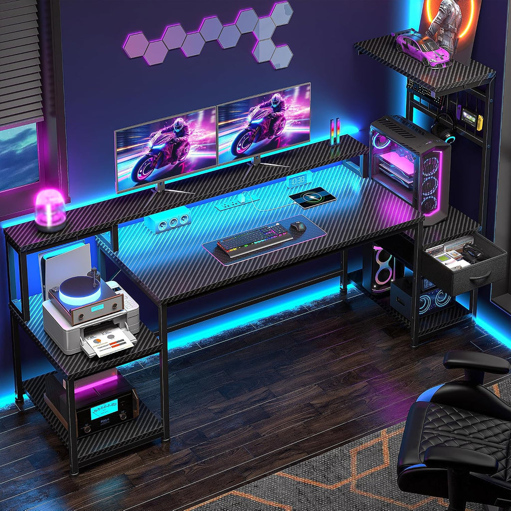 DurayLoly 63' Gaming Desk with LED Lights & Outlets,Computer Desk with Drawers & Monitor Stand,Gaming Table with 3 Storage Shelves, Hooks& Printer Space for Game&Study Room,Home Office,Bedroom,Black