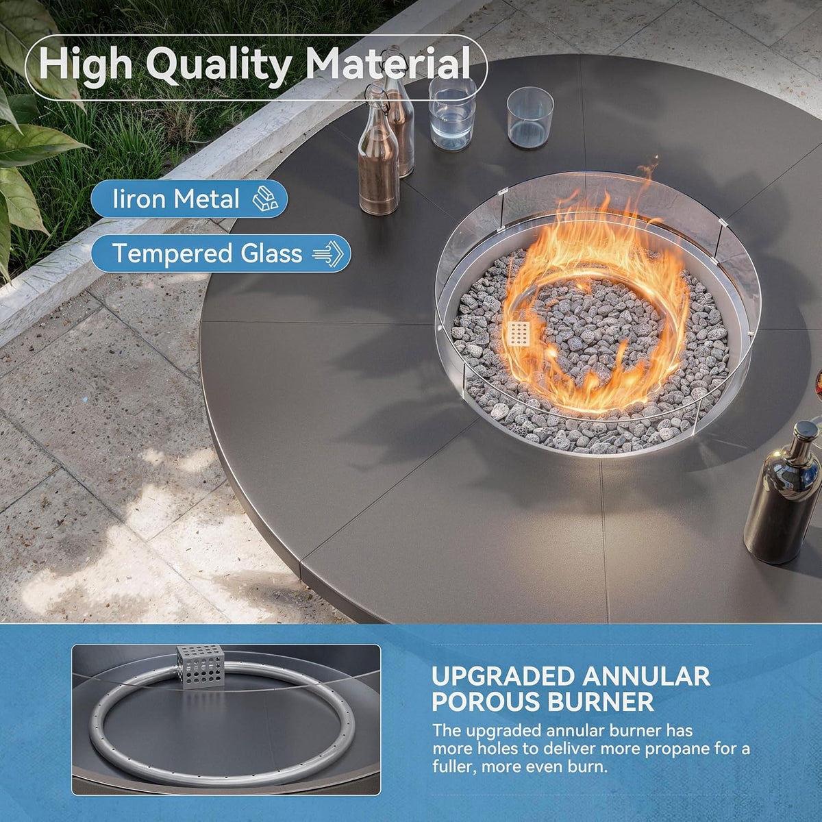 7 Pcs Outdoor Patio Furniture Set with 48'/55000 BTU Outdoor Round Propane Fire Pit Table,Patio Conversation Sets 6 Fixed Chairs No-Slip Cushions and Waterproof Covers,NavyBlue