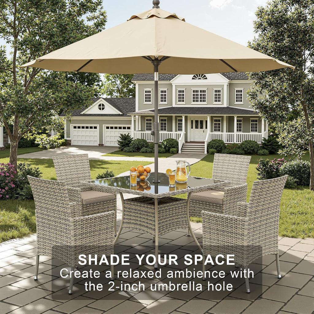 5-Piece Patio Dining Set, Patio Furniture Set with Square Tempered Glass Table & 4 Wicker Chairs, Expandable Design for Larger Groups, Outdoor Furniture for Backyard, Deck, Garden, Beige