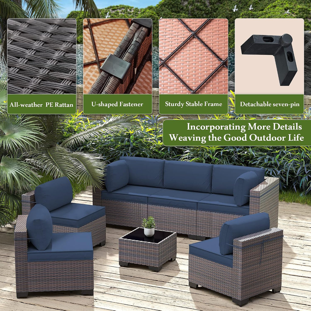 7 Pieces Outdoor Patio Furniture Set,Outdoor Sectional Furniture All Weather PE Rattan Wicker Patio Conversation Set with Coffee Table and 6 Thickened Cushions,Navy Blue