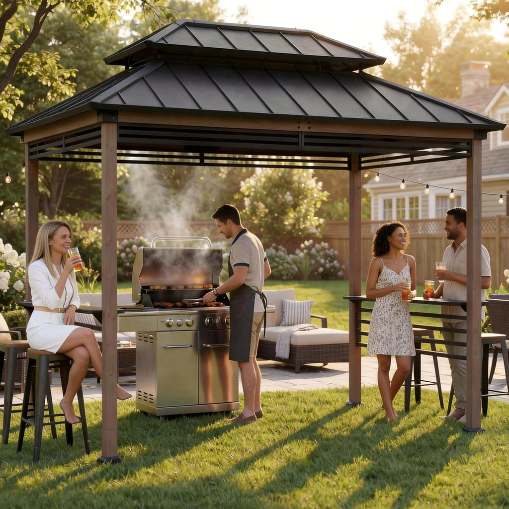 Sunjoy Wooden Grill Gazebo with AC Power Port, 8 x 12 ft. Steel Hardtop Outdoor Cedar Framed Gazebo for Year-Round Grilling, with Built-in Electrical Outlets and Decorative Fence, Brown