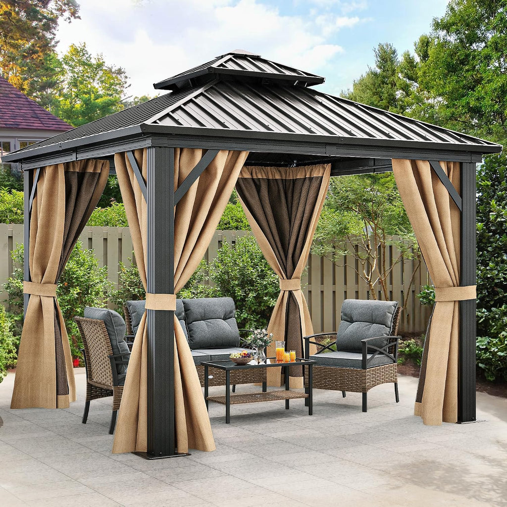 YITAHOME 10x10ft Gazebo Hardtop Double Roof Canopy w/Netting and Curtains, Outdoor Gazebo 2-Tier Hardtop Galvanized Aluminum Frame Garden Tent for Patio, Backyard, Deck and Lawns, Brown