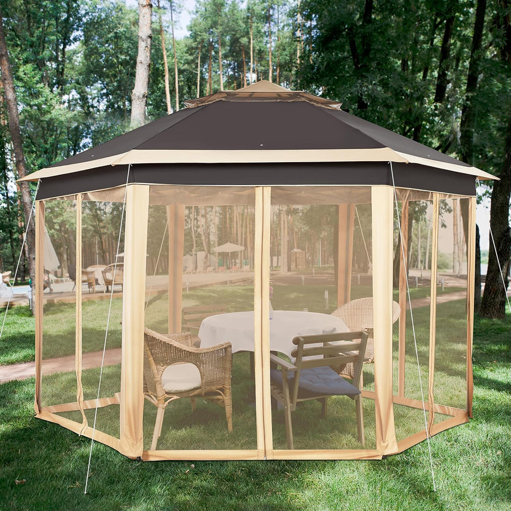 Yaheetech 13x13 Pop up Gazebo, Hexagonal Outdoor Canopy Shelter, Instant Patio Gazebo Sun Shade Canopy Tent with Double Tiers & Mesh Netting for Lawn, Garden, Backyard & Deck, Khaki/Brown