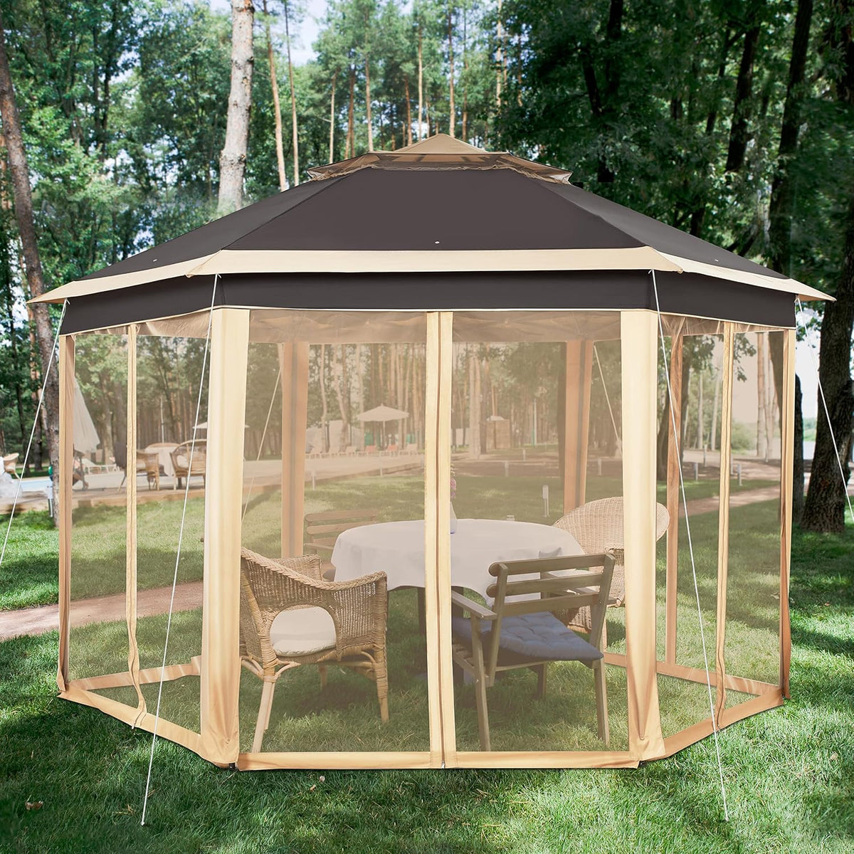 Yaheetech 13x13 Pop up Gazebo, Hexagonal Outdoor Canopy Shelter, Instant Patio Gazebo Sun Shade Canopy Tent with Double Tiers & Mesh Netting for Lawn, Garden, Backyard & Deck, Khaki/Brown