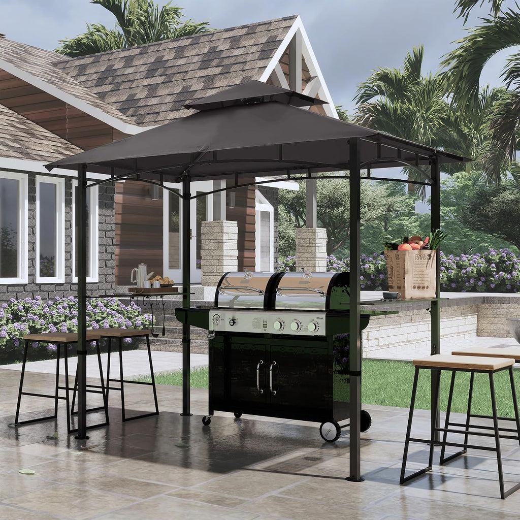 COOSHADE 8'x 5' Grill Gazebo Double Tiered Outdoor BBQ Gazebo Canopy with LED Light (Gray)