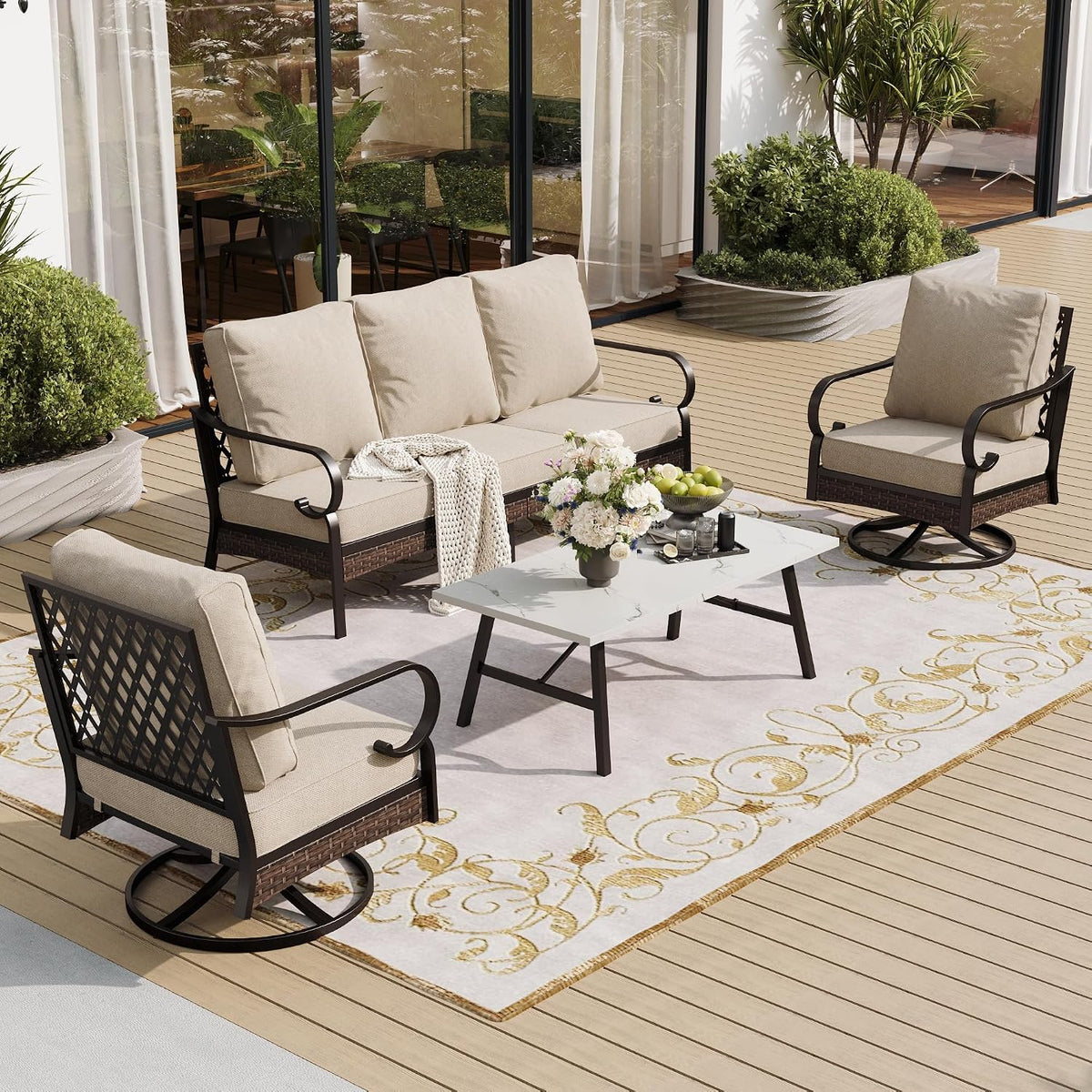 SUNSHINE VALLEY 4 PCS Metal Outdoor Patio Furniture Set, Patio Conversation Sets 1 3-Seater Sofa, 2 Swivel Chairs with 5.75' Extra Thick Cushion & Coffee Table, Black Frame Backyard Furniture, Beige