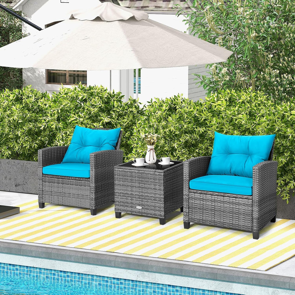 HAPPYGRILL 3 Pieces Patio Conversation Set, Outdoor Furniture Set PE Rattan Sofa Set with Removable Cushions, PE Wicker Chairs with Tempered Glass Side Table for Porch Lawn Garden Balcony Backyard
