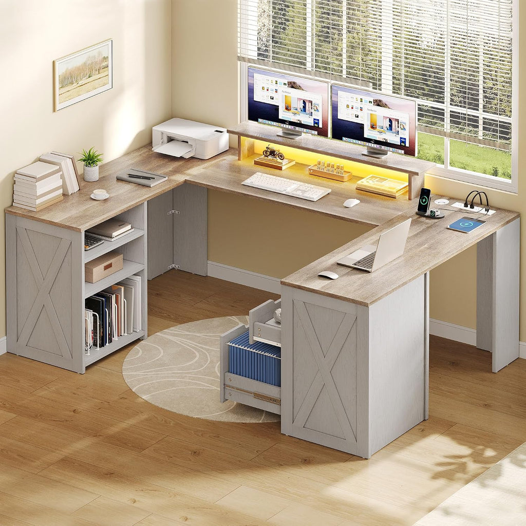 YITAHOME U Shaped Desk with Power Outlet & LED Lights, Farmhouse Computer Desk with Drawers, Wood Desk Home Office Desk with Monitor Stand & 5 Cubbies Storage Shelves, Grey Wash