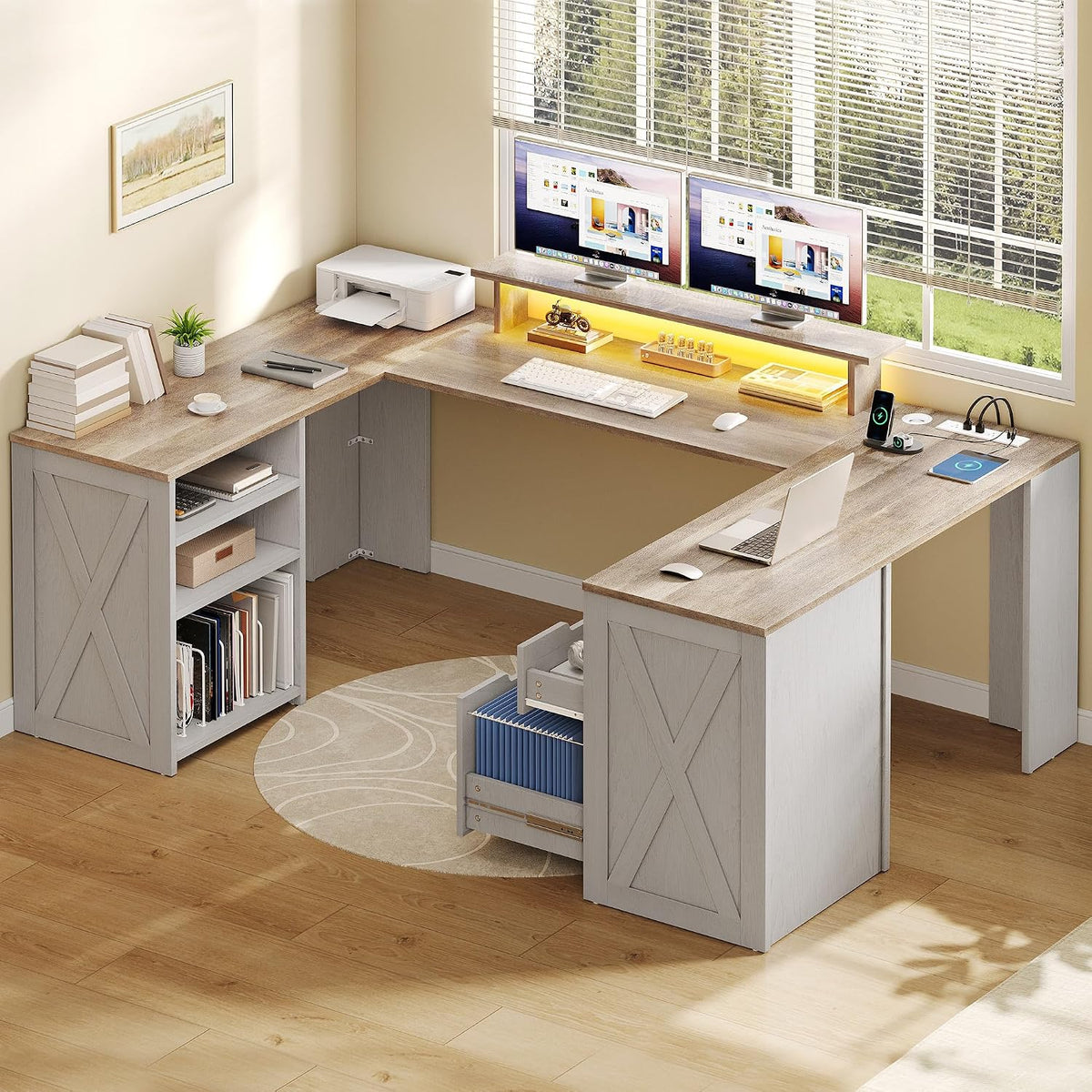 YITAHOME U Shaped Desk with Power Outlet & LED Lights, Farmhouse Computer Desk with Drawers, Wood Desk Home Office Desk with Monitor Stand & 5 Cubbies Storage Shelves, Grey Wash