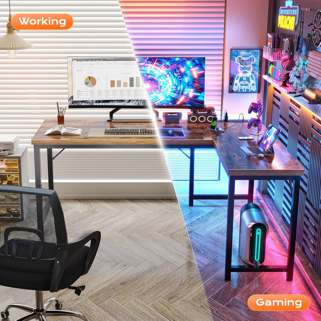 Huuger 55 Inch L Shaped Desk with Power Outlets and USB-C Port, 0.95 Inch Thicker Desktop, Reversible Computer Desk, Larger Office Corner Gaming Desk, Metal Frame, for Home Office, Study, Rustic Brown