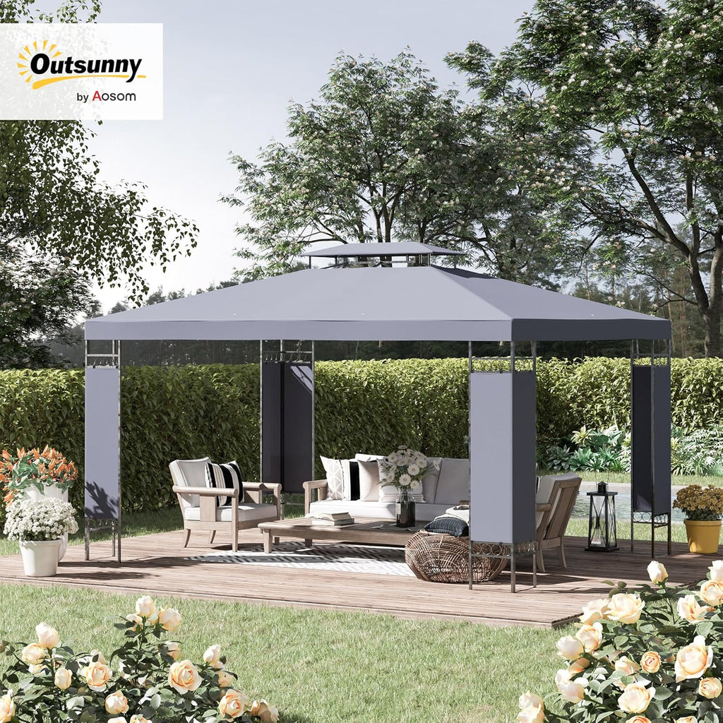 Outsunny 10' x 13' Patio Gazebo, Double Roof Outdoor Gazebo Canopy Shelter with Screen Decorate Corner Frame, for Garden, Lawn, Backyard and Deck, Gray
