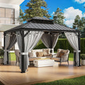 IRONCK 10'x12' Outdoor Hardtop Gazebo, Aluminum Patio Gazebo with Galvanized Steel Double Roof, Patio Pergola with Net and Curtain, Backyard Canopy for Garden, Deck, Black Gray
