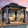 10' x 10' Wood Gazebo, Outdoor Cedar Wood Hardtop Gazebo with Galvanized Steel Doule Roof, Wooden Frame Gazebos with Netting and Curtains for Patio Backyard Deck
