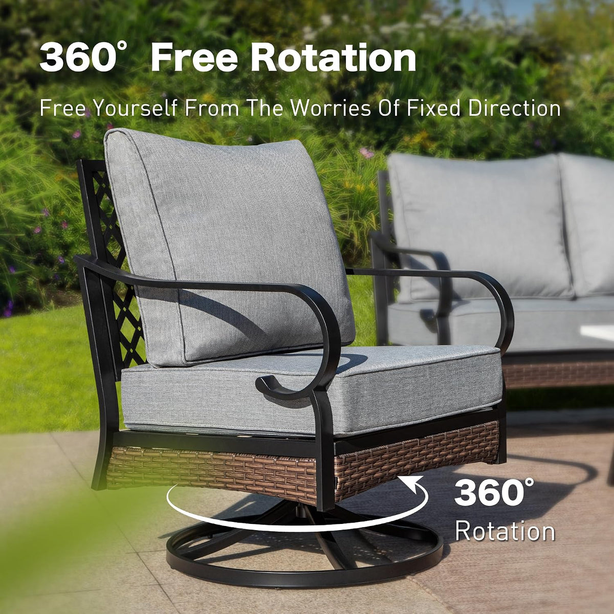 SUNSHINE VALLEY 4 PCS Metal Outdoor Patio Furniture Set, Patio Conversation Sets 1 3-Seater Sofa, 2 Swivel Chairs with 5.75' Extra Thick Cushion & Coffee Table, Black Frame Backyard Furniture, Gray