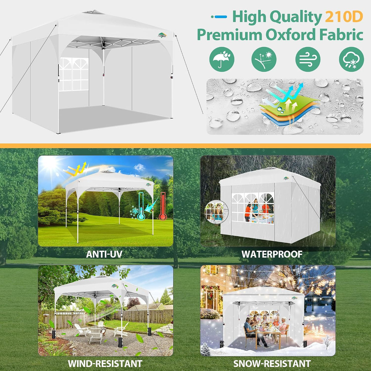 COBIZI 10x10 Pop up Canopy, Canopy Tent for Party with One Push Central Button Air Vent, Event Shelter with Sidewalls and Reflective Strip (White)
