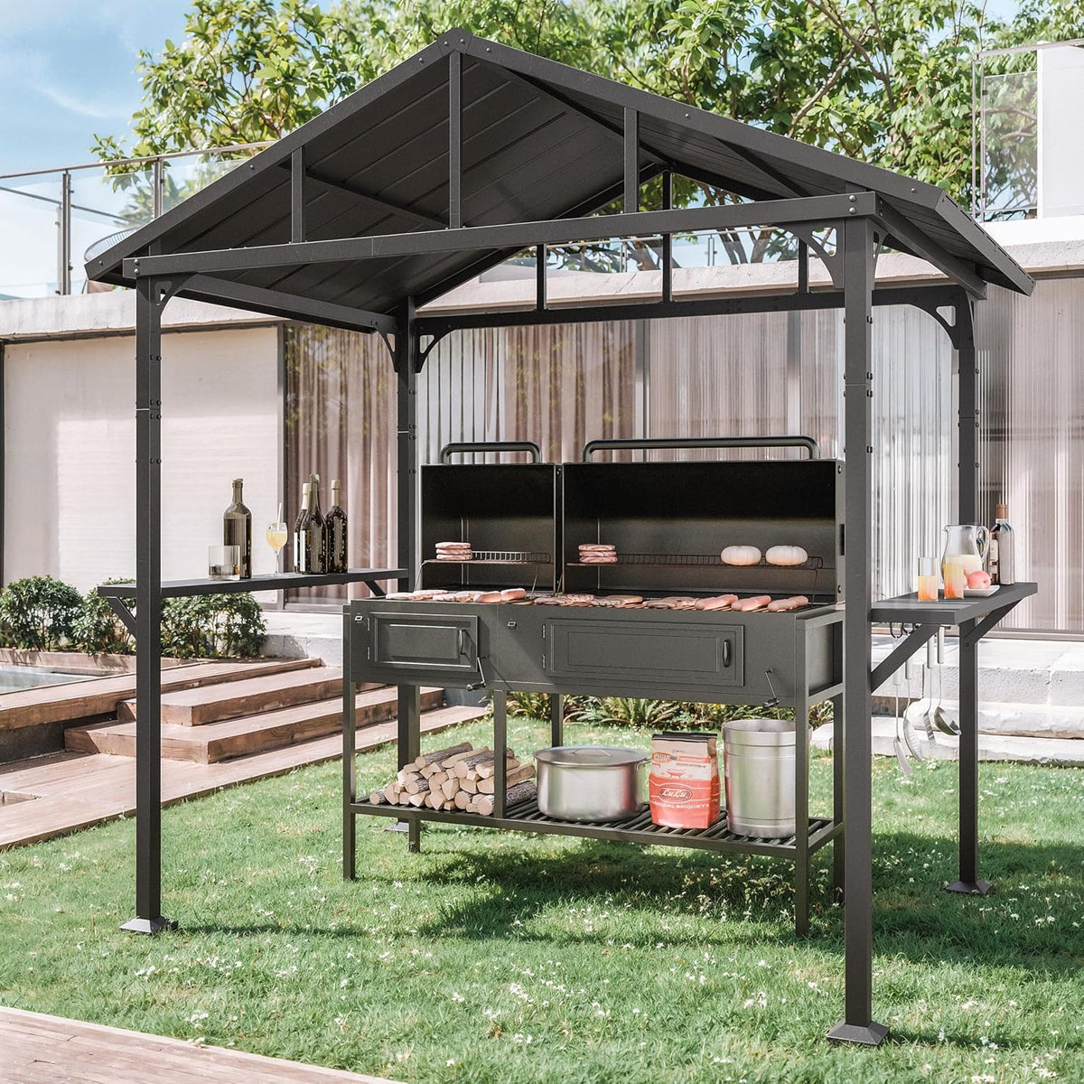 Kurapika 8' x 5' Hardtop BBQ Grill Outdoor Gazebo,Waterproof Sloping Roof, Bar with Tool Hooks, Smoke-Venting Iron Canopy for Patio, Yard,Garden, Family Party