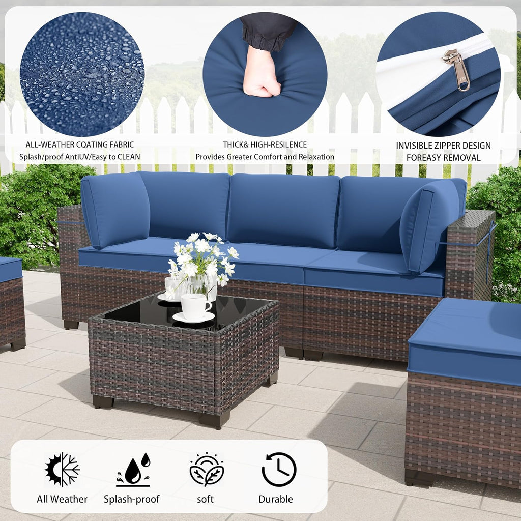 8 Pieces Outdoor Patio Furniture Set,Outdoor Sectional Furniture with 43' 55000 BTU Gas Propane Fire Pit Table,All Weather PE Rattan Wicker Patio Conversation Set,Navy Blue