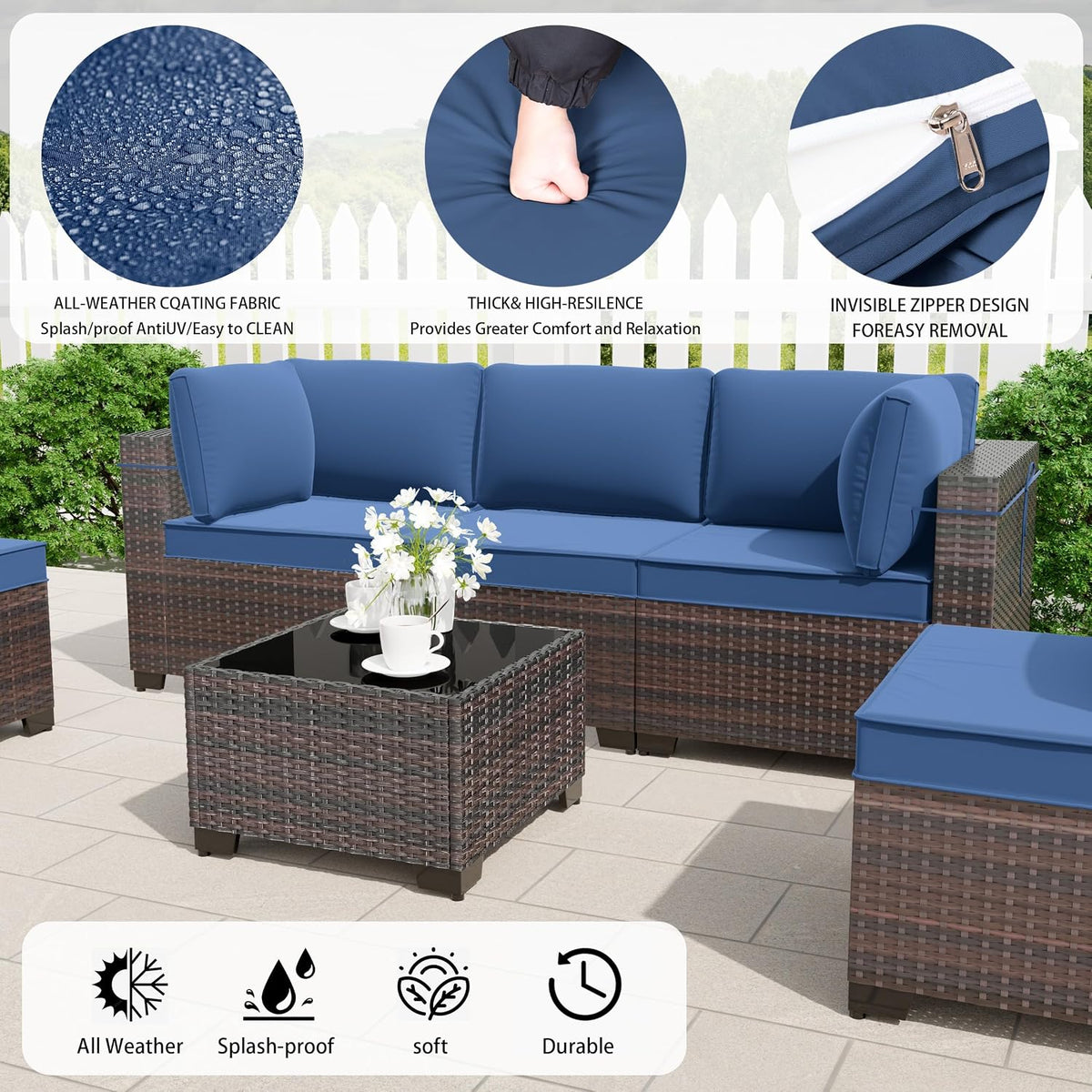 8 Pieces Outdoor Patio Furniture Set,Outdoor Sectional Furniture with 43' 55000 BTU Gas Propane Fire Pit Table,All Weather PE Rattan Wicker Patio Conversation Set,Navy Blue