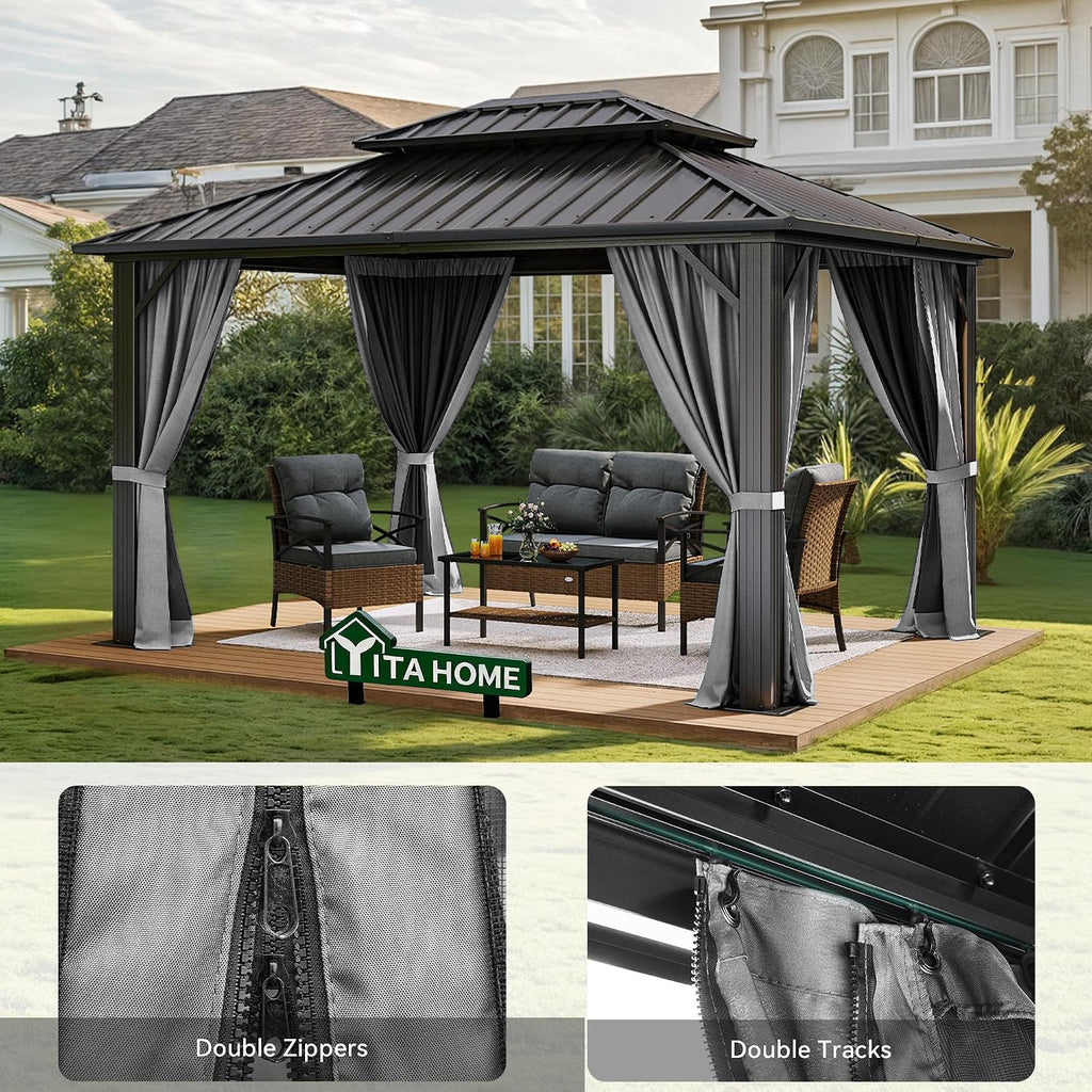 YITAHOME 10X12FT Hard Top Metal Gazebo Patios Double Roof Canopy Aluminum Frame Garden Gazebo Tent Curtains Netting for Patios Backyards Decks Lawns Gray