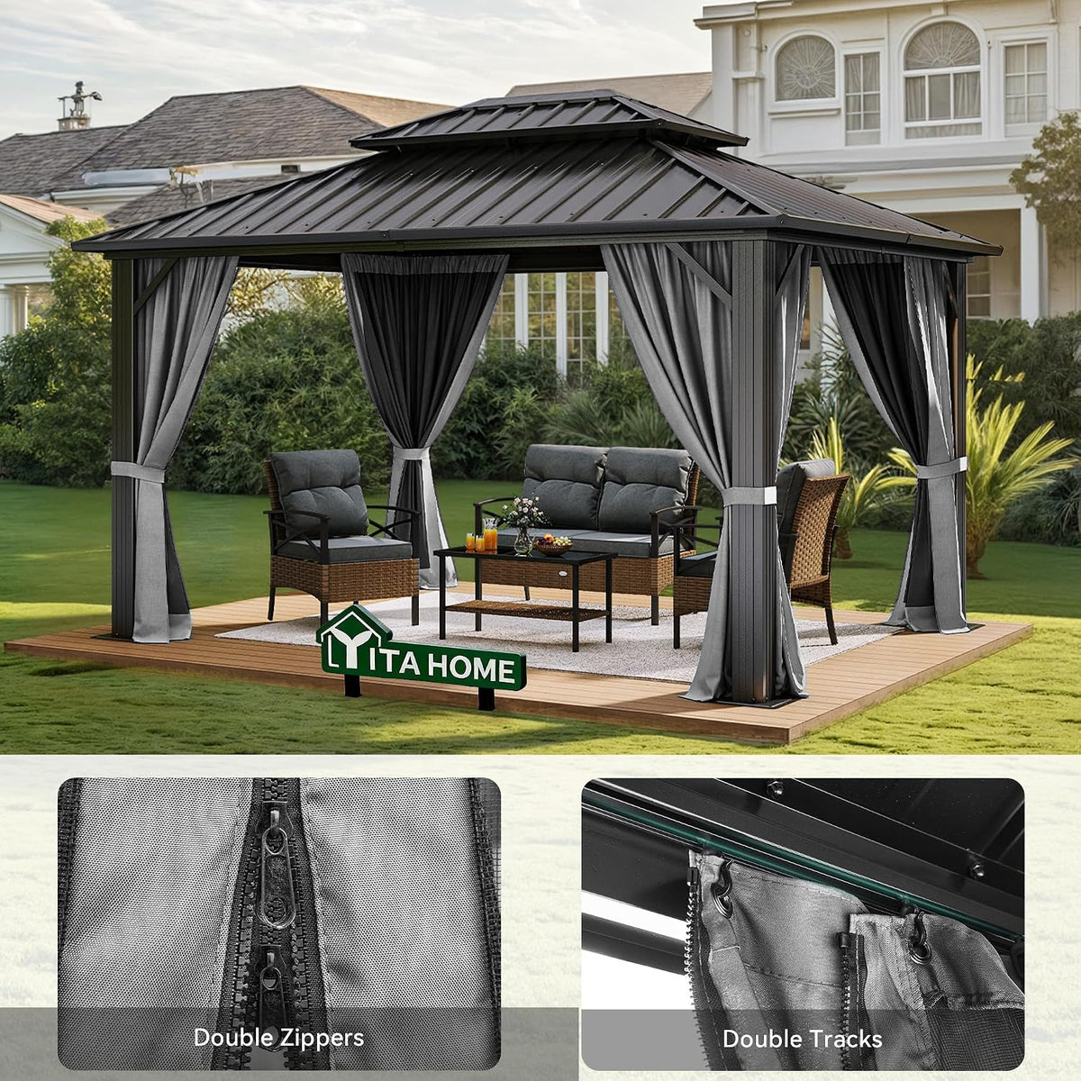 YITAHOME 10X12FT Hard Top Metal Gazebo Patios Double Roof Canopy Aluminum Frame Garden Gazebo Tent Curtains Netting for Patios Backyards Decks Lawns Gray