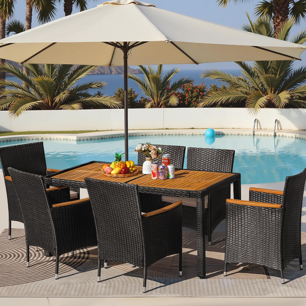 Greesum 7 Pieces Outdoor Patio Dining Set, Conversation Sets with 1 Table and 6 Rattan Chairs with Curved Acacia Wooden Armrests and Cushions, Black