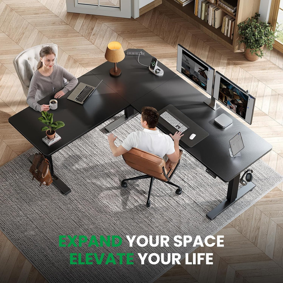 SIAGO L-Shaped Standing Desk - 75 x 63 Inch Adjustable Corner Standing Desk with Charging Station - L Shape Sit Stand Table with Memory Controller, Splice Board for Home Office