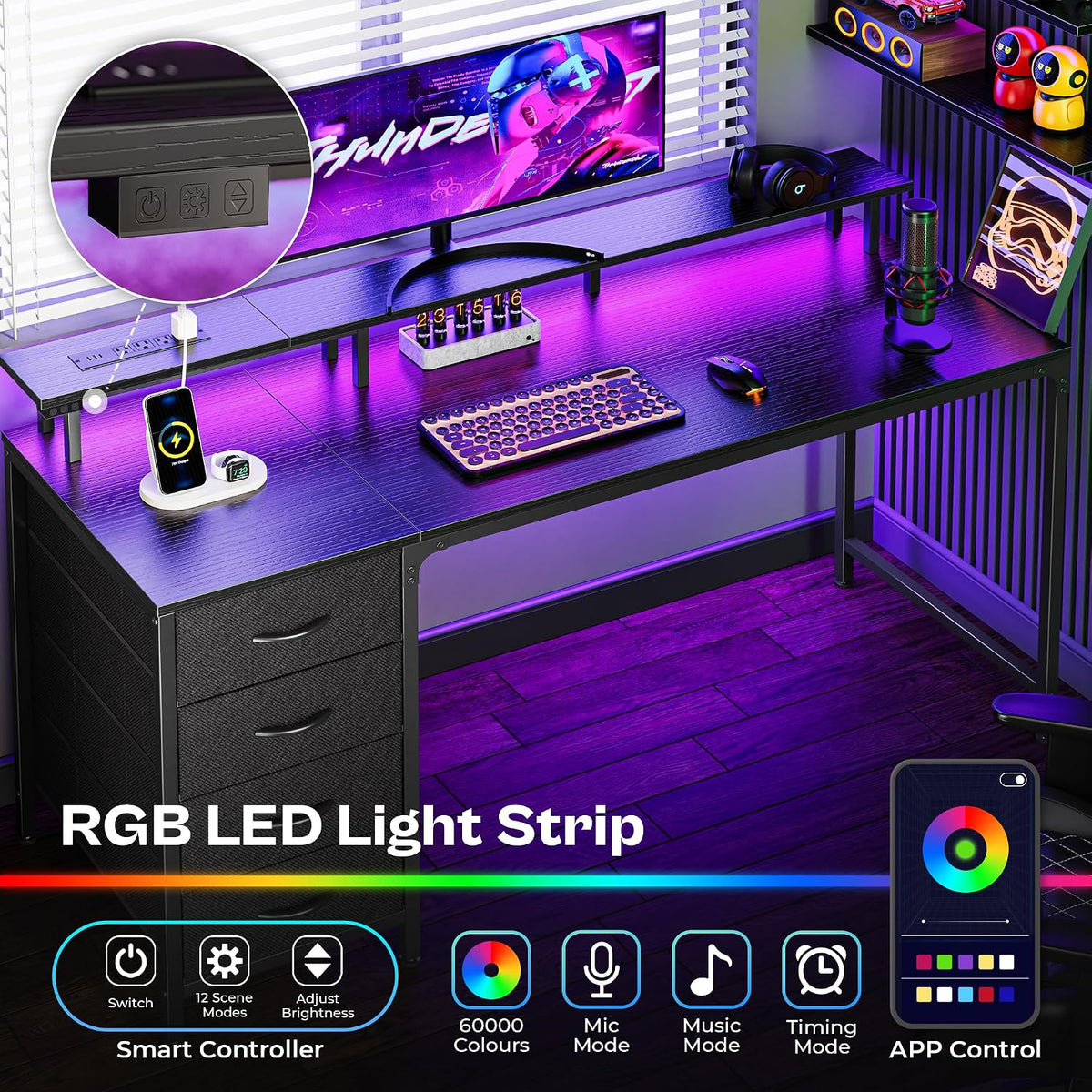 Huuger 55 Inch Computer Desk with Power Outlets and LED Lights, Gaming Desk with 4 Drawers, Office Desk with Monitor Stand, Study Work Home Office, Black