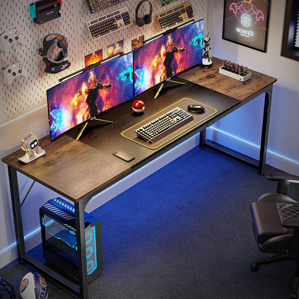 Huuger Computer Desk, 70 Inch Office Desk, Gaming Desk with Storage, Writing Desk Work Desk for Home Office, Study, Long Simple Desk, Large Legroom, Metal Frame, Rustic Brown and Black