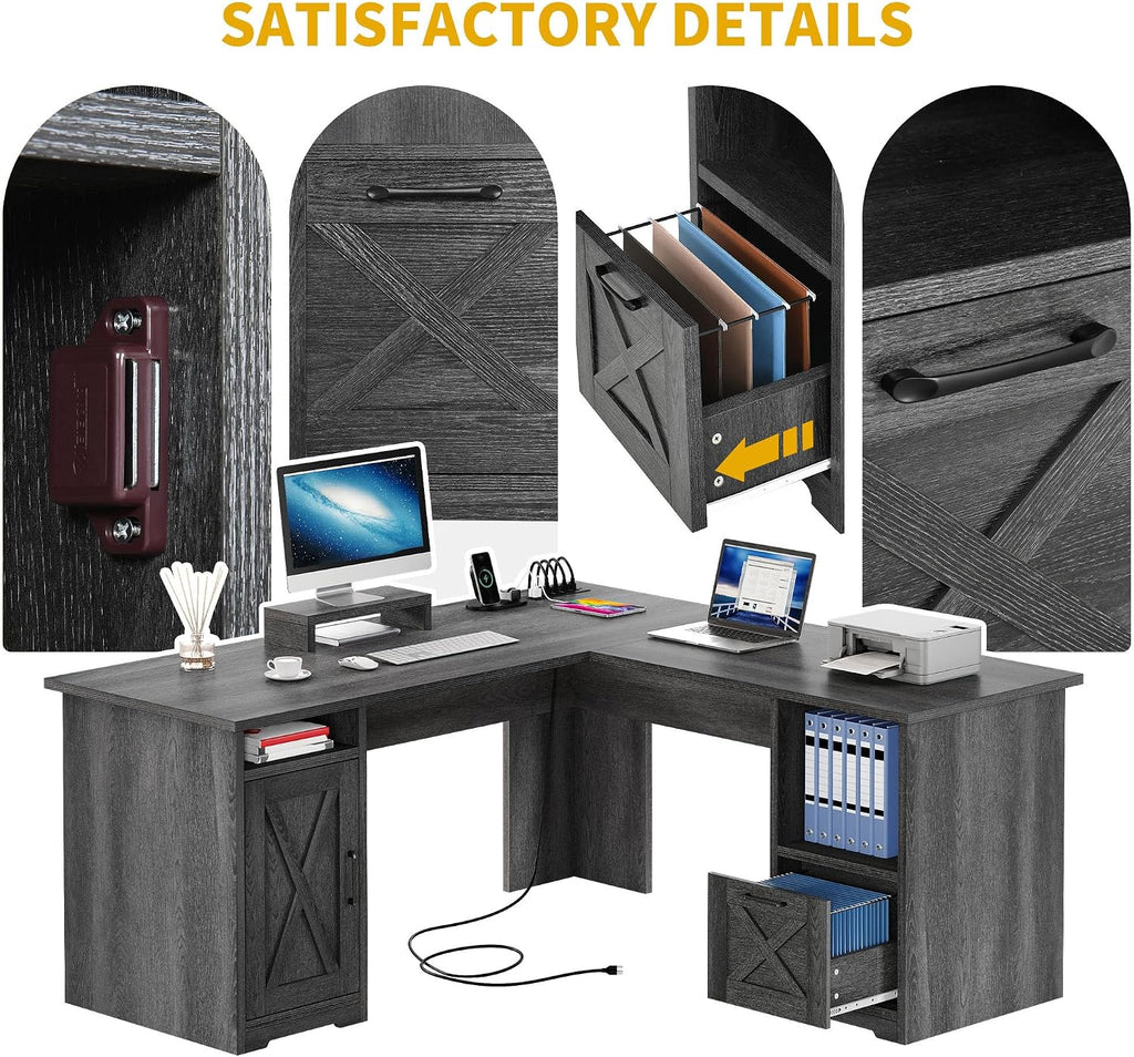 DWVO L Shaped Desk with File Drawer, 60' Corner Computer Desk with Power Outlets, Home Office Desk with Monitor Stand & Storage Shelves & File Cabinet, Grey