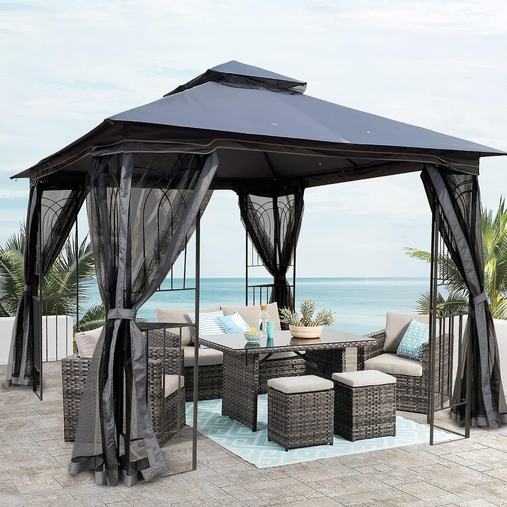 YOPTO 10x10 FT Patio Steel Gazebo,Canopy Tent wiht Ventilated Double Roof and Mosquito Net,(Detachable Mesh Screen On All Sides),Waterproof Garden Pergola for Backyard,Swimming Pool,Gray