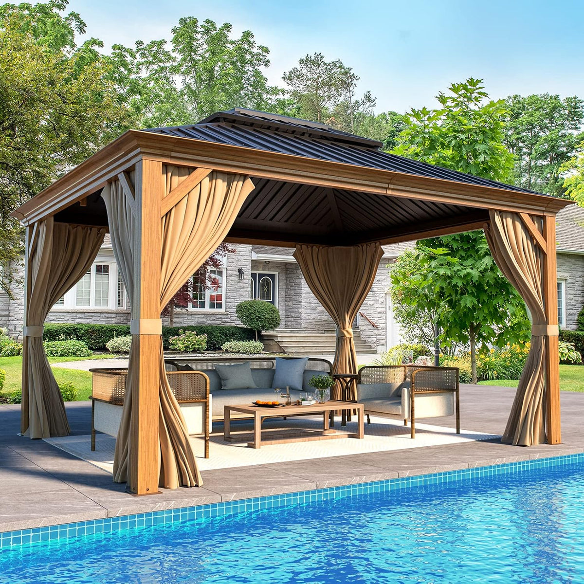 EROMMY 10'x12' Hardtop Gazebo, Wooden Finish Coated Aluminum Frame Canopy with Galvanized Steel Roof, Outdoor Metal Gazebo with Curtains and Nettings for Patio, Backyard, Deck and Lawns
