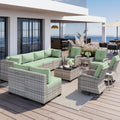 13-Piece Outdoor Patio Furniture Set with Rocking Swivel Chair, Wicker Rattan Sectional Sofa Conversation Set with Tempered Glass Table, Backyard Furniture, Light Green