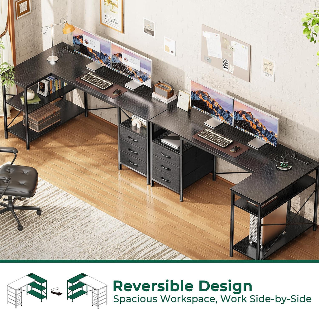 Huuger L Shaped Office Desk with Power Outlets, 55 Inch Computer Desk with 3 Drawers, Shelves, Reverisble for Gaming Corner Work Home Office Study, Black