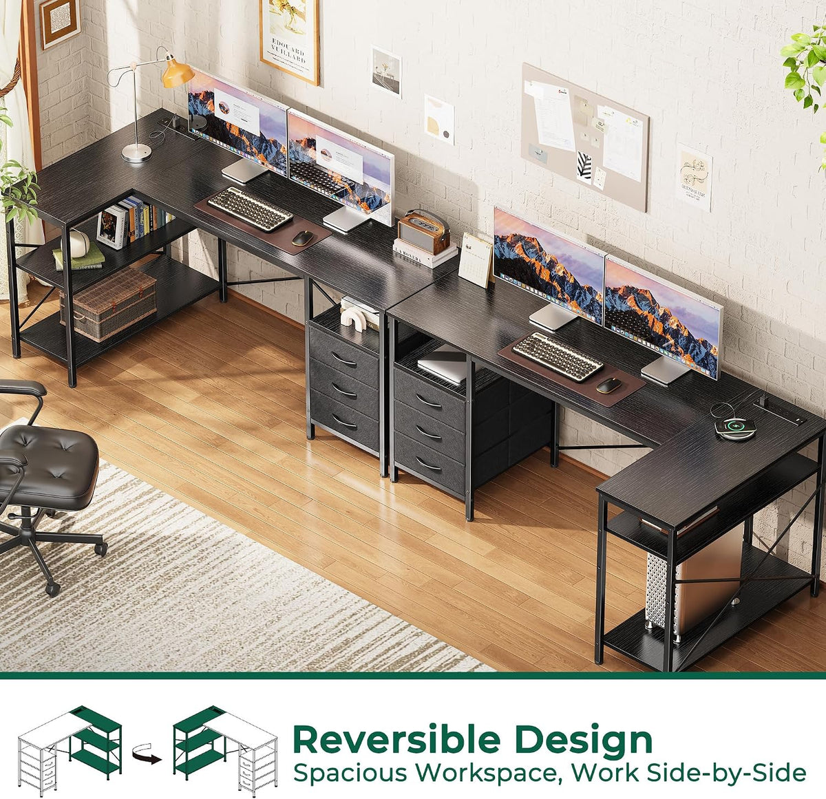 Huuger L Shaped Office Desk with Power Outlets, 55 Inch Computer Desk with 3 Drawers, Shelves, Reverisble for Gaming Corner Work Home Office Study, Black