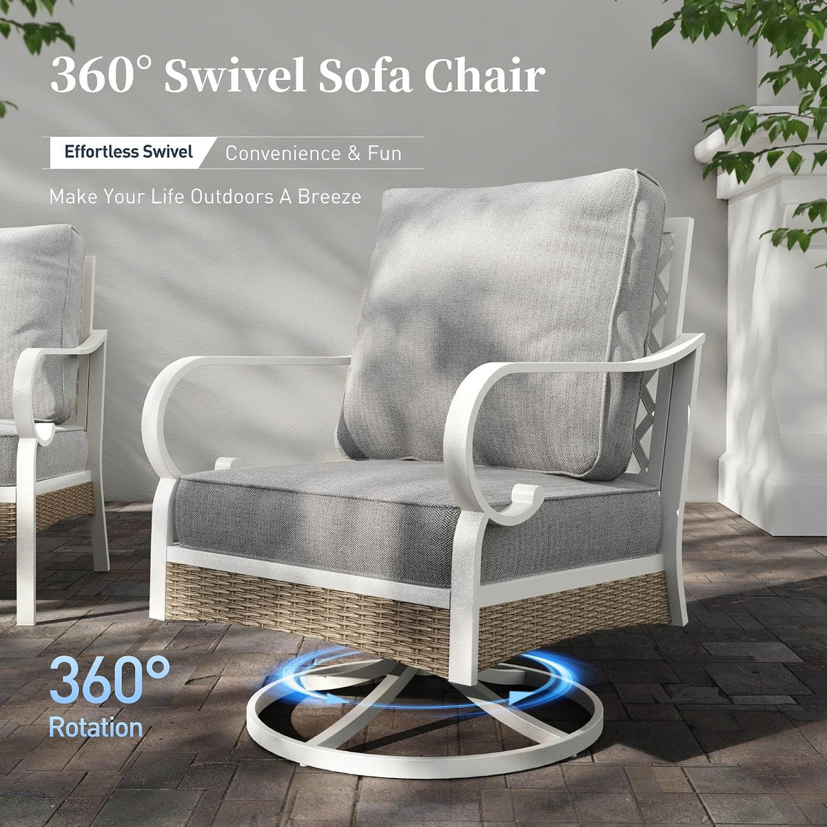 SUNSHINE VALLEY 4 PCS Metal Outdoor Patio Furniture Set, Patio Conversation Sets 1 3-Seater Sofa, 2 Swivel Chairs with 5.75' Extra Thick Cushion and Coffee Table, White Frame Backyard Furniture, Gray