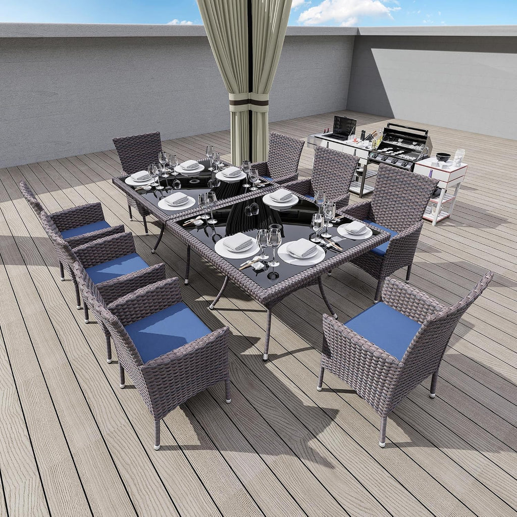 Gotland 10 Piece Outdoor Dining Set, All-Weather Rattan Patio Furniture Set with Umbrella Hole Tempered Glass Square Table, Outdoor Table and Chairs with Removable Cushions for Backyard, Deck Navy