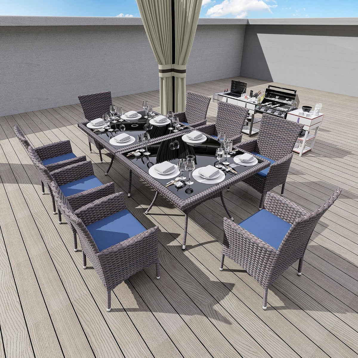 Gotland 10 Piece Outdoor Dining Set, All-Weather Rattan Patio Furniture Set with Umbrella Hole Tempered Glass Square Table, Outdoor Table and Chairs with Removable Cushions for Backyard, Deck Navy