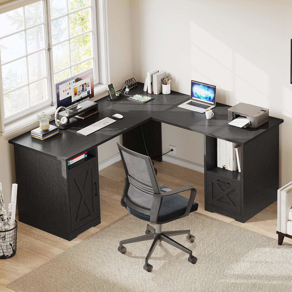 DWVO L Shaped Desk with File Drawer, 60' Corner Computer Desk with Power Outlets, Home Office Desk with Monitor Stand & Storage Shelves & File Cabinet, Black