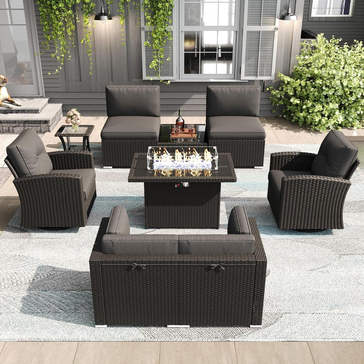 LayinSun 9 Pieces Patio Furniture Set with Fire Pit Table, Black Rattan Modular Sectional Outdoor Conversation Sofa Set, Swivel Rocking Chairs Set