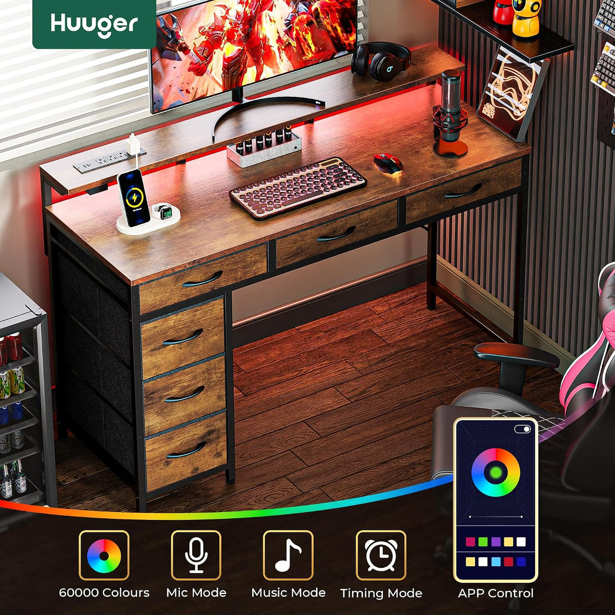 Huuger Gaming Desk with 6 Drawers, Computer Desk with LED Lights Power Outlets and Type-C, 47 Inch Office Desk with Storage, Monitor Stand, Writing Desk Work Desk for Home Office, Study, Rustic Brown