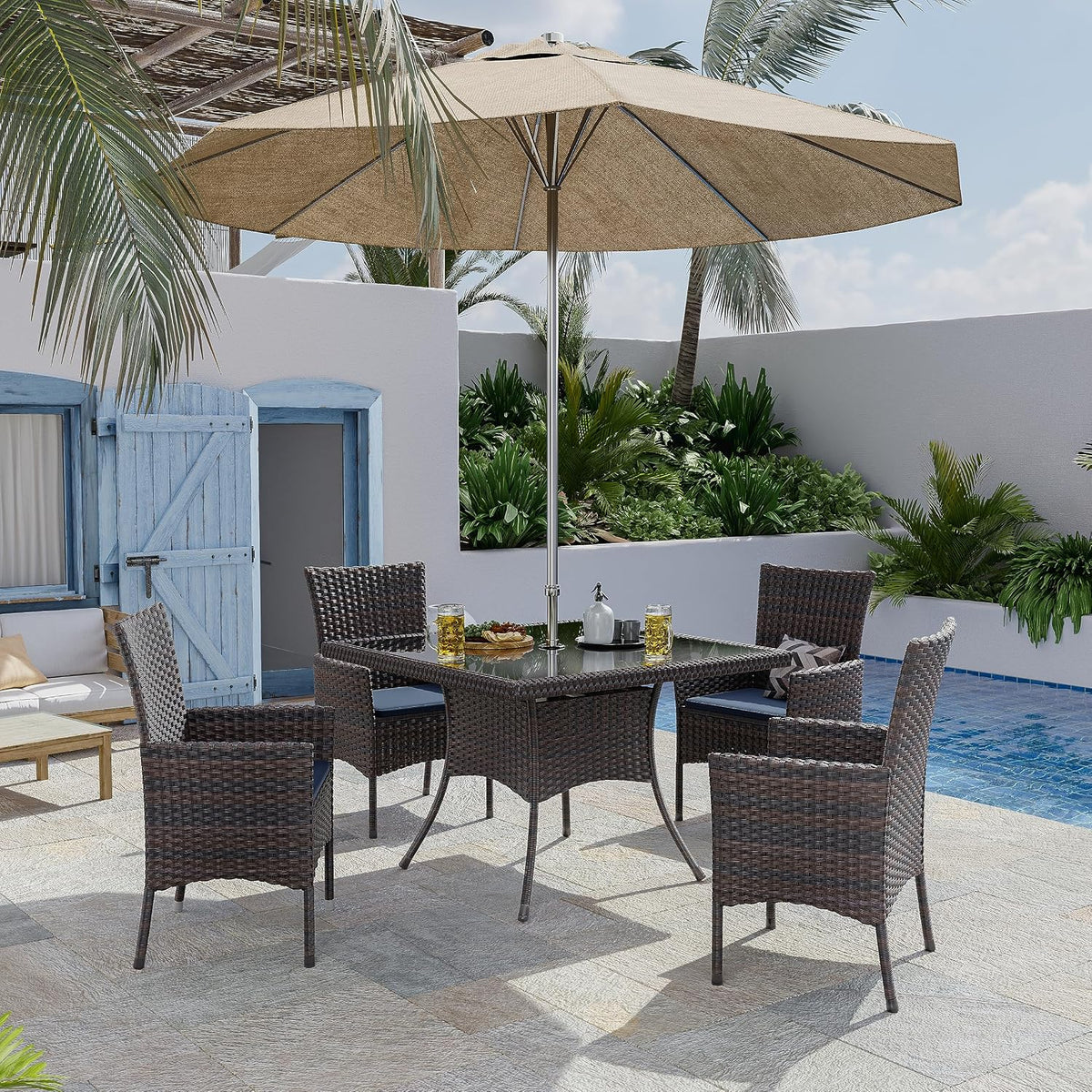 Gotland 15 Piece Outdoor Dining Set, All-Weather Rattan Patio Furniture Set with Umbrella Hole Tempered Glass Square Table, Outdoor Table and Chairs with Removable Cushions for Backyard, Deck Navy