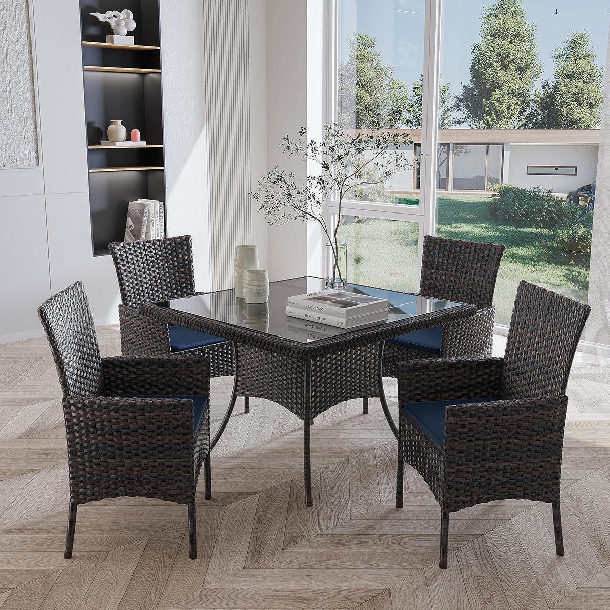 Gotland 10 Piece Outdoor Dining Set, All-Weather Rattan Patio Furniture Set with Umbrella Hole Tempered Glass Square Table, Outdoor Table and Chairs with Removable Cushions for Backyard, Deck Navy