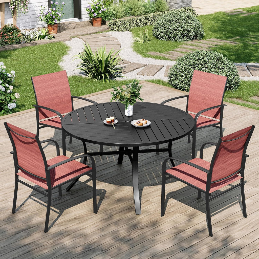 MIXPATIO Patio Table and Chairs Set for 4, 5 Pieces Outdoor Dining Set, 4 Red Textilene Chairs and 42' Metal Round Table with Umbrella Hole, for Deck Garden Backyard Lawn Poolside