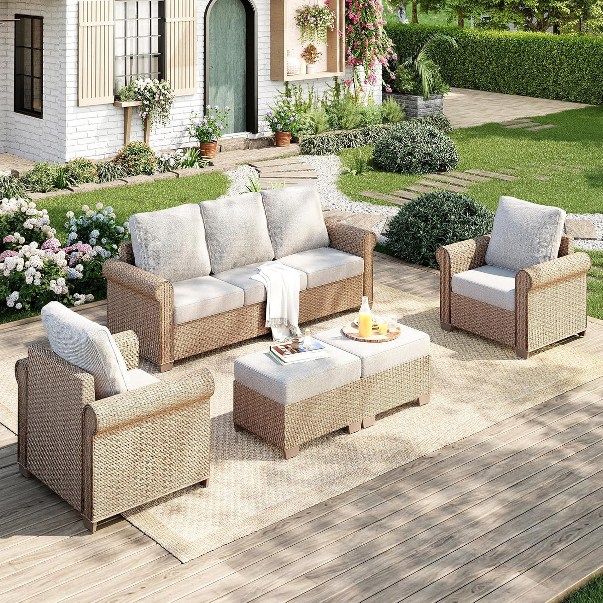 MIXPATIO Patio Furniture Set 5 pcs, Wicker Outdoor Patio Furniture, 3-Seat Sofa, 2 Single Chairs and 2 Ottomans, Rattan Patio Conversation Set for Backyard Deck, Beige